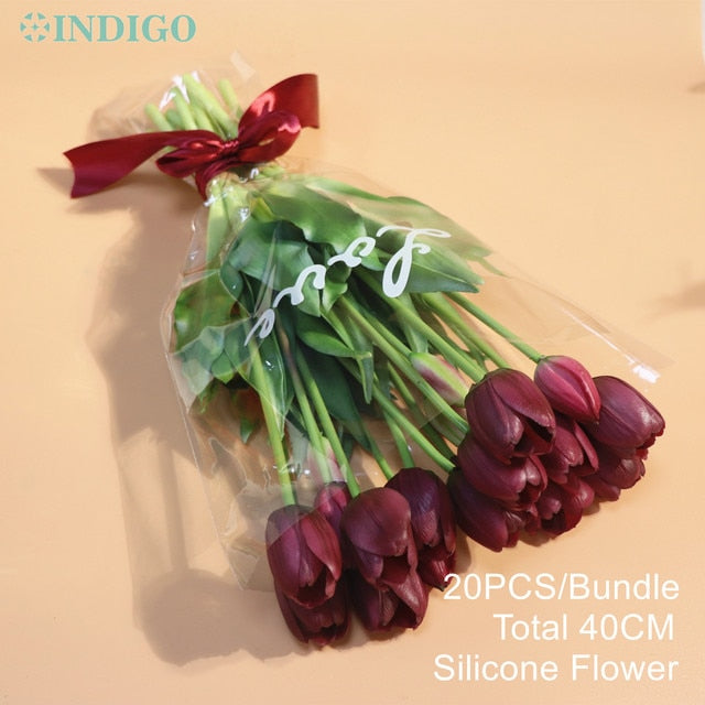 20PCS Pink Tulip Bouquet Silicone Real Touch High Quality Calla Home Easter Gift Poly Bag Artificial Flower Wedding- INDIGO