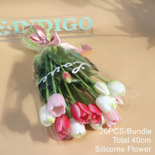 20PCS Pink Tulip Bouquet Silicone Real Touch High Quality Calla Home Easter Gift Poly Bag Artificial Flower Wedding- INDIGO