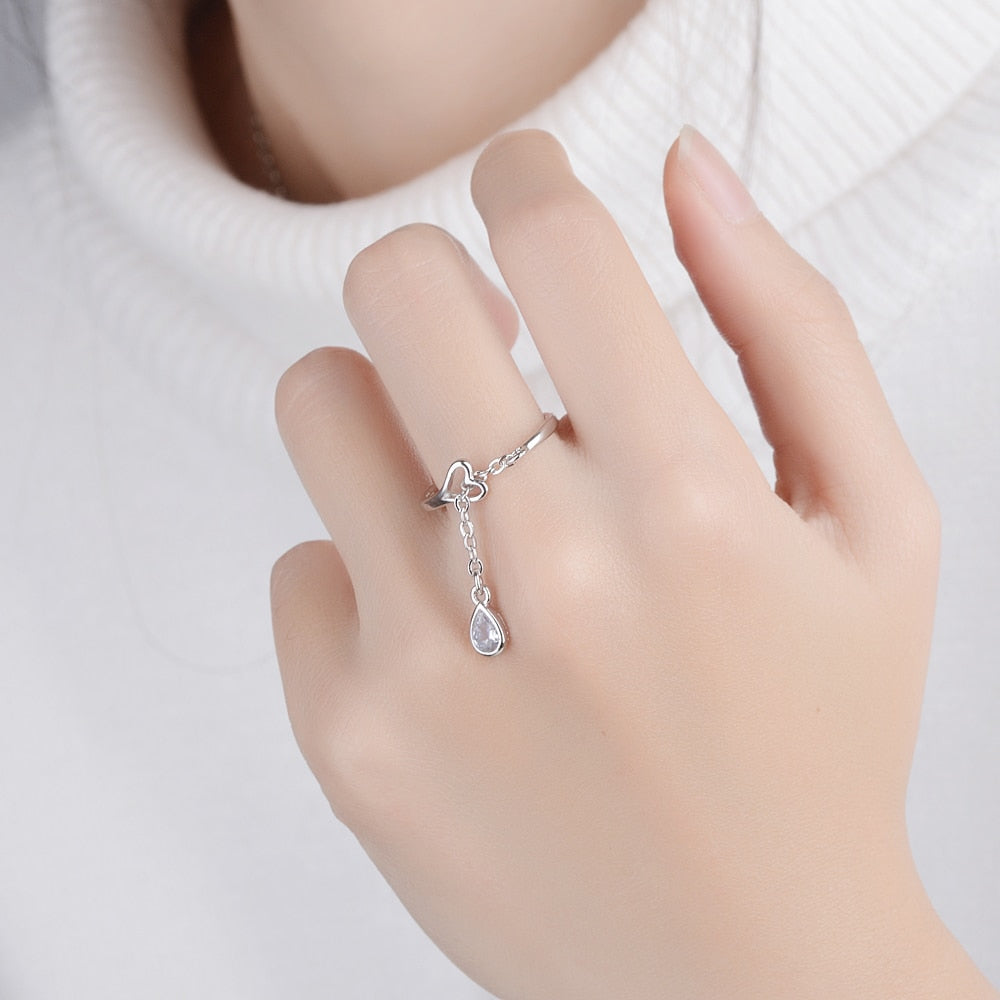 XIYANIKE Cute Heart Simple Chain Hanging Zircon Chain Rings Unique Opening Adjustable Statement Jewelry For Women Hot Sale New