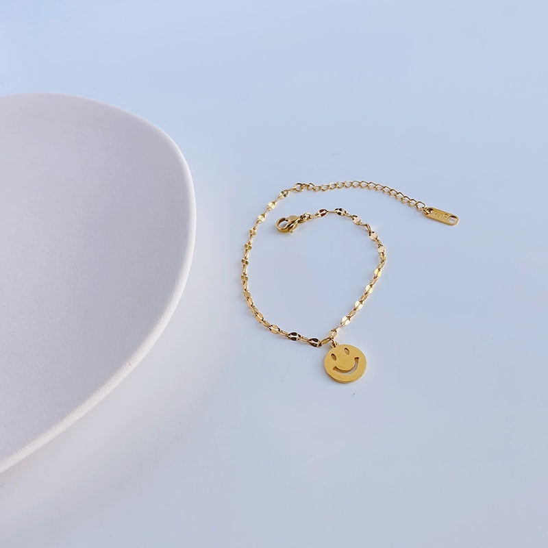 Cool Sleek Simple Titanium Stainless Steel Yellow Gold Vacuum Plating Fashion Girls Ladies Anklet Couple Smile Face Bracelet Wholesale
