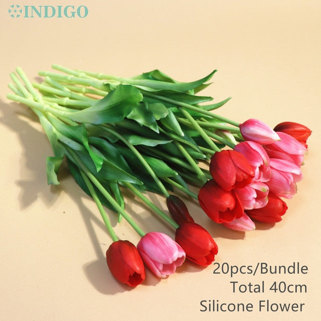 20PCS Pink Tulip Bouquet Silicone Real Touch High Quality Calla Home Easter Gift Poly Bag Artificial Flower Wedding- INDIGO