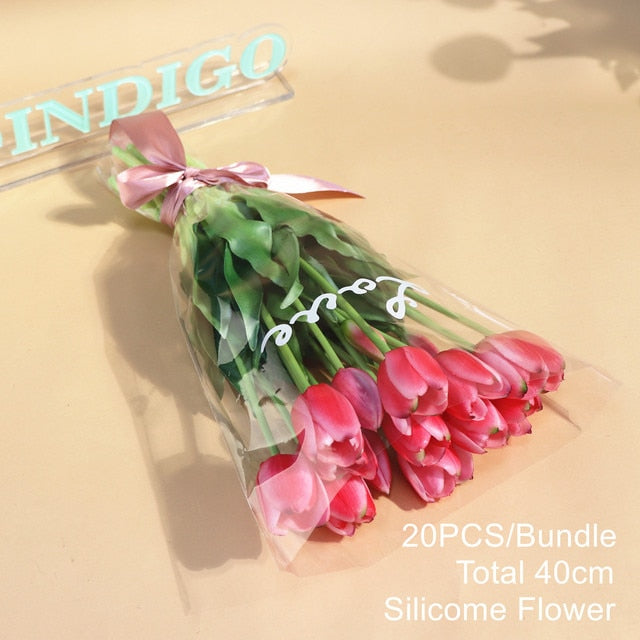 20PCS Pink Tulip Bouquet Silicone Real Touch High Quality Calla Home Easter Gift Poly Bag Artificial Flower Wedding- INDIGO