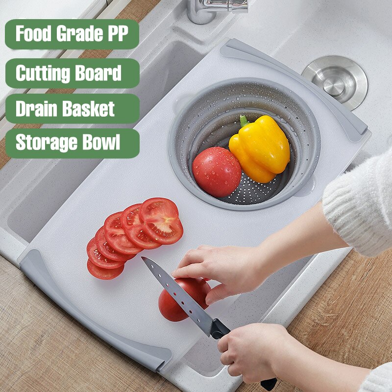 Over The Sink Cutting Board Plastic Chopping Board Built-in Drain Storage Basket Cut Fruits Vegetables Kitchen Chopping Boards