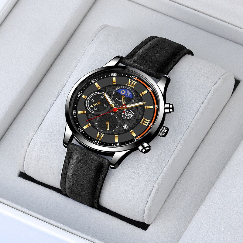 2023 Fashion Mens Sports Watches Man Business Quartz Wristwatch Luxury Black Leather Bracelet Men Casual Luminous Clock Watch