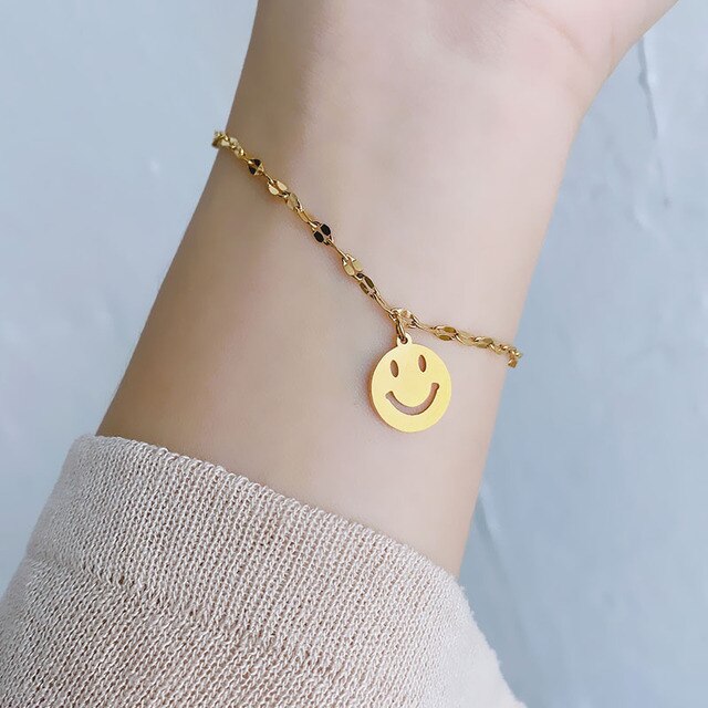 Cool Sleek Simple Titanium Stainless Steel Yellow Gold Vacuum Plating Fashion Girls Ladies Anklet Couple Smile Face Bracelet Wholesale
