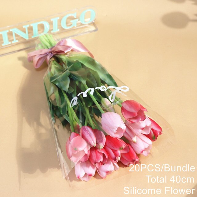 20PCS Pink Tulip Bouquet Silicone Real Touch High Quality Calla Home Easter Gift Poly Bag Artificial Flower Wedding- INDIGO