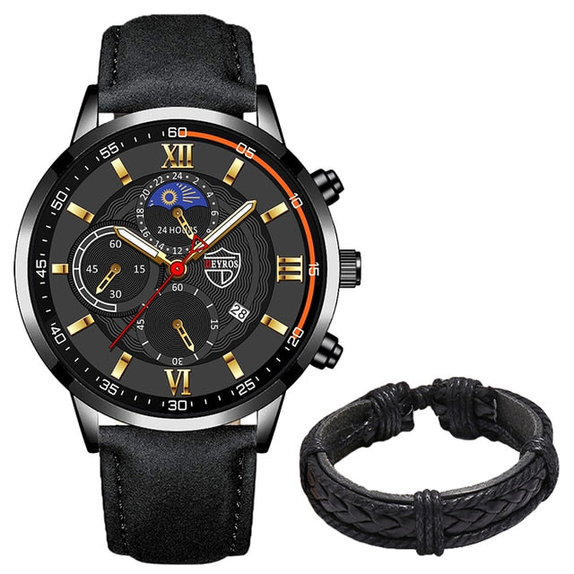 2023 Fashion Mens Sports Watches Man Business Quartz Wristwatch Luxury Black Leather Bracelet Men Casual Luminous Clock Watch