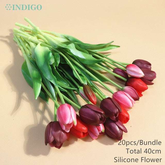 20PCS Pink Tulip Bouquet Silicone Real Touch High Quality Calla Home Easter Gift Poly Bag Artificial Flower Wedding- INDIGO