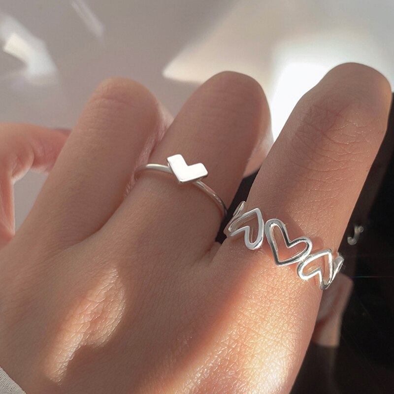 Silver Color Metal Adjustable Opening Rings Set For Women Creative Love Heart Finger Ring Trendy Party Jewelry Couple Rings