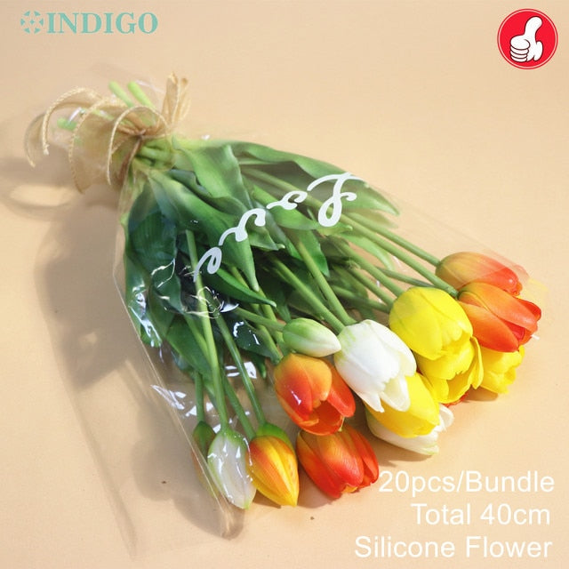 20PCS Pink Tulip Bouquet Silicone Real Touch High Quality Calla Home Easter Gift Poly Bag Artificial Flower Wedding- INDIGO