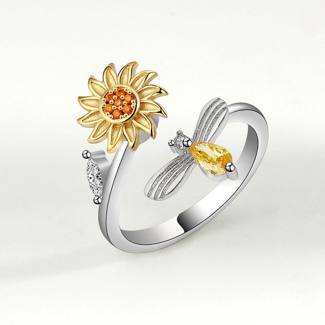 Spinning Sunflower Bee Anxiety Ring For Women Rotatable Adjustable Unusual Anti-stress Spinner Fidget Rings Fashion Jewelry