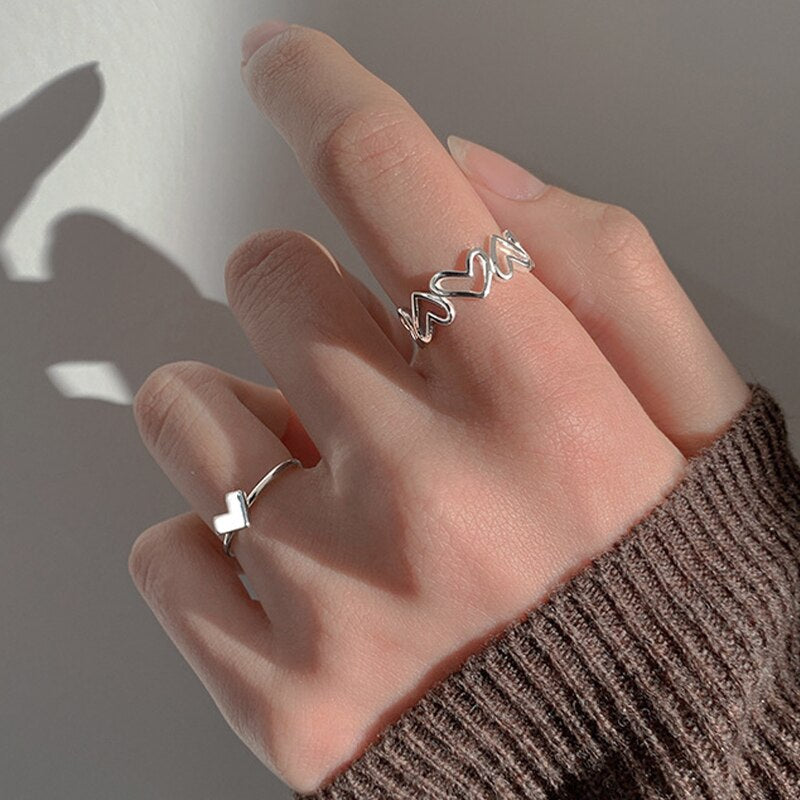 Silver Color Metal Adjustable Opening Rings Set For Women Creative Love Heart Finger Ring Trendy Party Jewelry Couple Rings