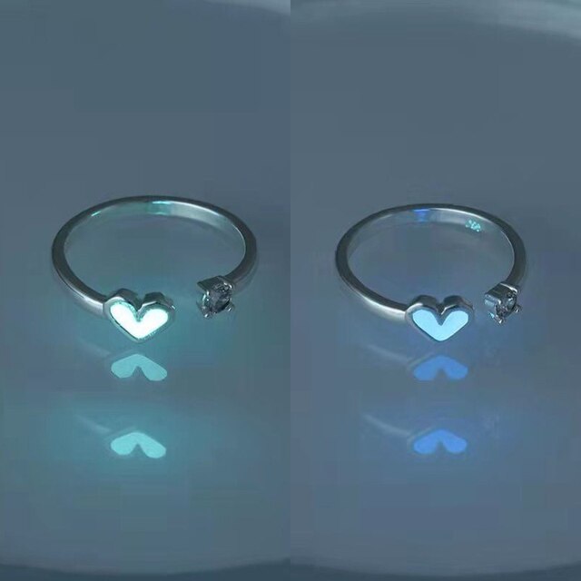 Fashion Blue Love Heart Luminous Ring for Women Men Fluorescent Ring Glow In Dark Adjustable Couple Finger Rings Jewelry Gifts