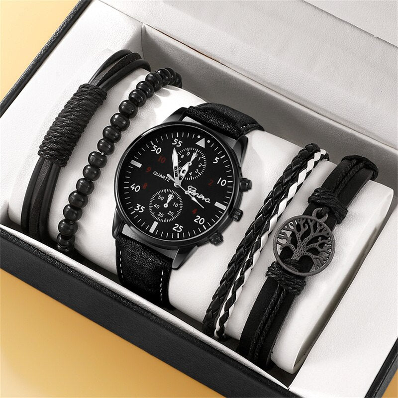 New Men Watch Luxury Bracelet Set Fashion Business Brown Leather Quartz Wrist Watches for Men Gift Set Relogio Masculino