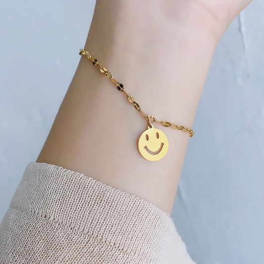 Cool Sleek Simple Titanium Stainless Steel Yellow Gold Vacuum Plating Fashion Girls Ladies Anklet Couple Smile Face Bracelet Wholesale